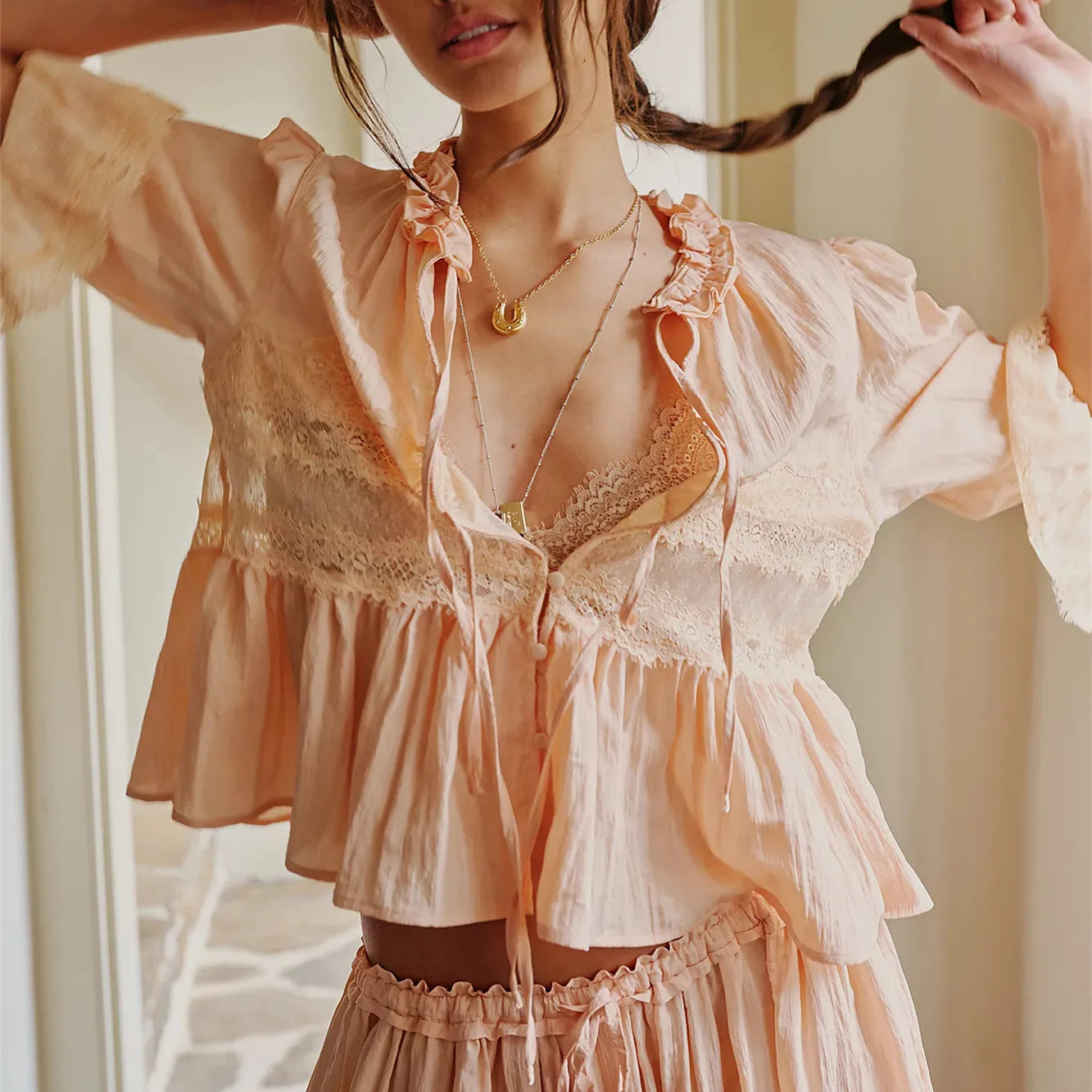 Women's peach lace peplum top, lightweight for casual outings