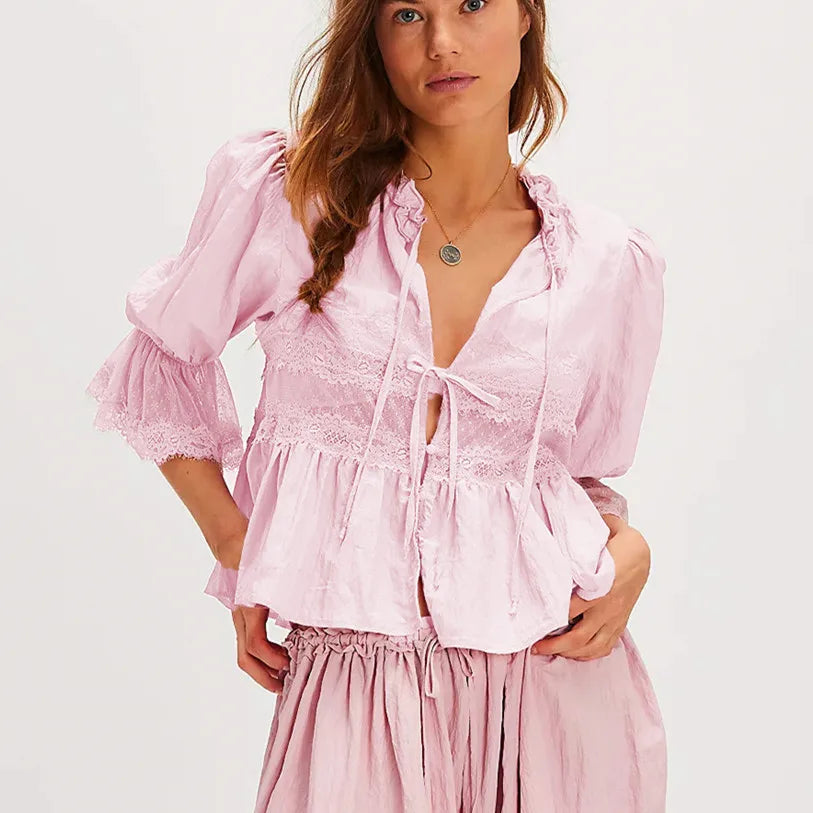 Women's pink peplum tops with puff sleeves for casual wear