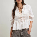 Women's white peplum tops with lace detailing for casual wear