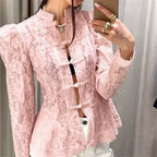 Elegant Lace Floral Peplum Blouse with Mandarin Collar