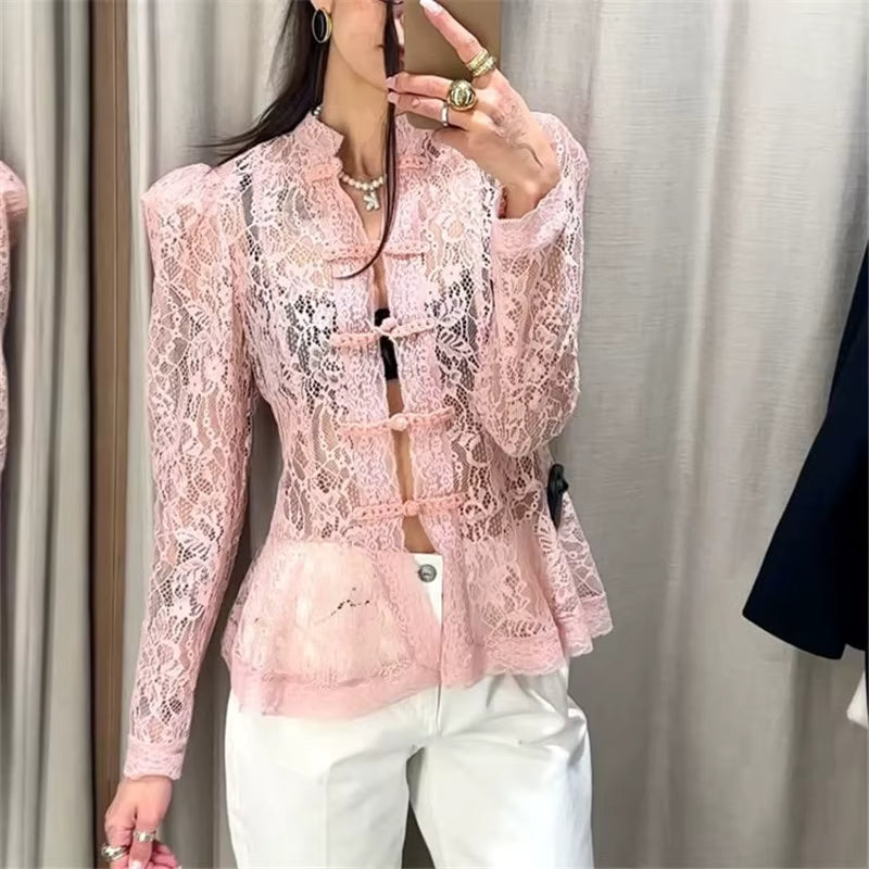 Elegant Lace Floral Peplum Blouse with Mandarin Collar