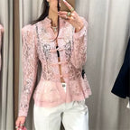 Elegant Lace Floral Peplum Blouse with Mandarin Collar