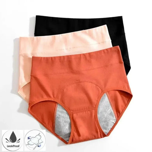 Women's leakproof period on underwear in black, peach, and rust colors