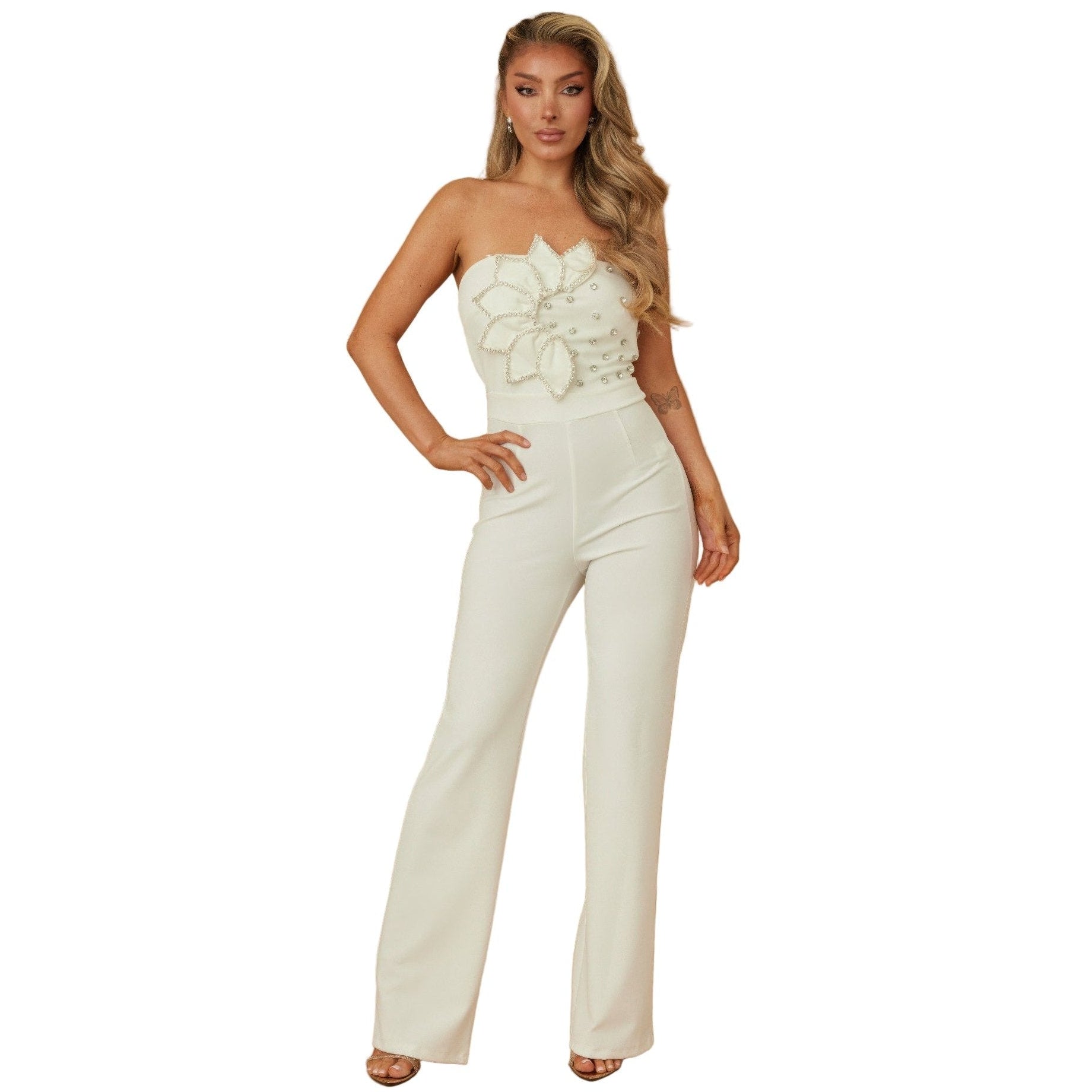 Elegant petal rhinestone jumpsuit with floral embellishment for stylish outings