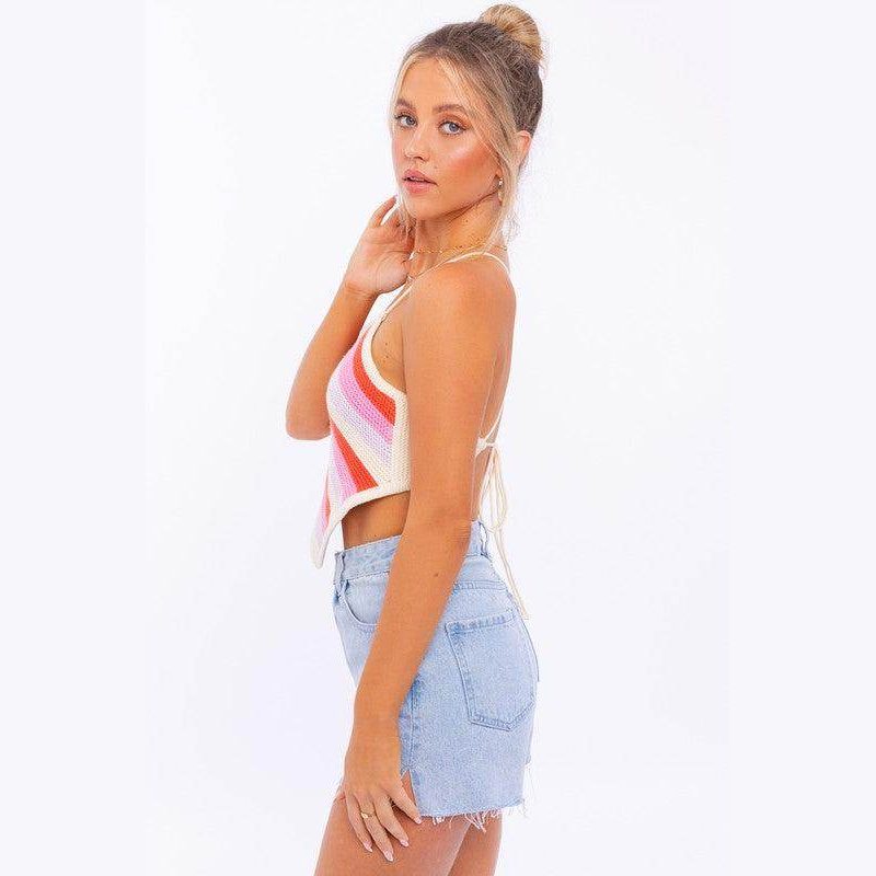 LE LIS Women's Pink Blue Multi Crop Top with Striped Design Perfect for Summer Outfits