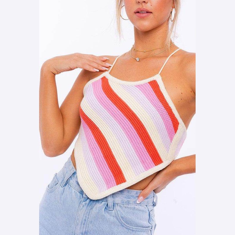 LE LIS Women's Pink Blue Multi Crop Top with Striped Design and Spaghetti Straps