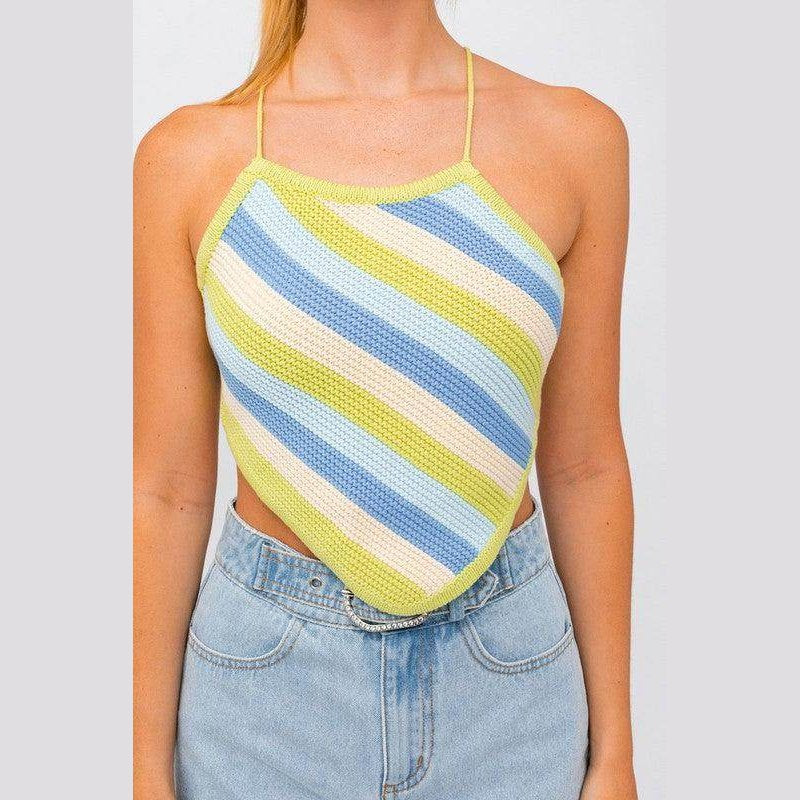 LE LIS Women's Pink Blue Multi Crop Top with Colorful Striped Design and Adjustable Spaghetti Straps