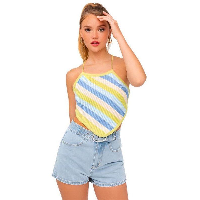 LE LIS Women's Pink Blue Multi Crop Top with Colorful Stripe Design for Summer Fashion