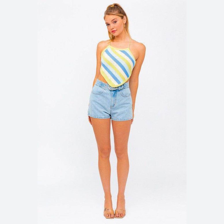 LE LIS Pink Blue Multi Crop Top with Stripes Perfect for Casual Summer Outfits