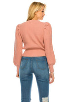 Pink cardigan for women by Andante USA featuring a ribbed texture and puffed sleeves