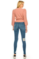 Pink cardigan for women with puff sleeves, perfect for a stylish casual look.