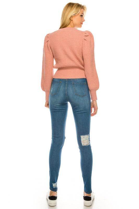 Pink cardigan for women with puff sleeves, perfect for a stylish casual look.