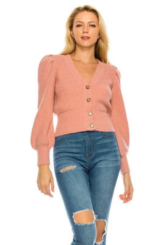 Stylish pink cardigan for women by Andante USA with button closure and puff sleeves
