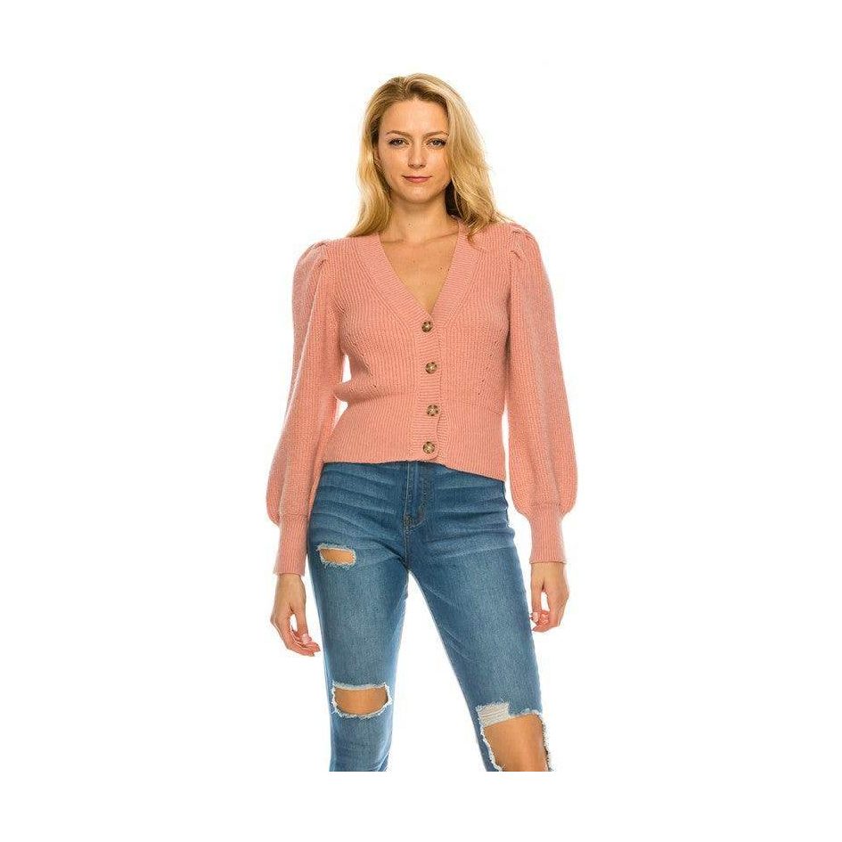 Stylish pink cardigan for women with button closure and puff sleeves, perfect for casual outings