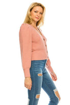 Andante USA pink cardigan for women with button detail and ribbed texture, styled with jeans
