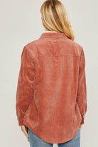 Back view of a pink corduroy jacket by Love Tree, featuring a relaxed fit and soft texture