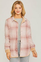Love Tree women's pink corduroy jacket with a soft plaid design and button-front closure