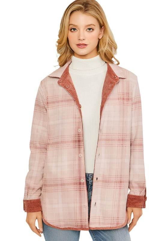 Love Tree pink corduroy jacket with plaid design and button closure for women's casual wear