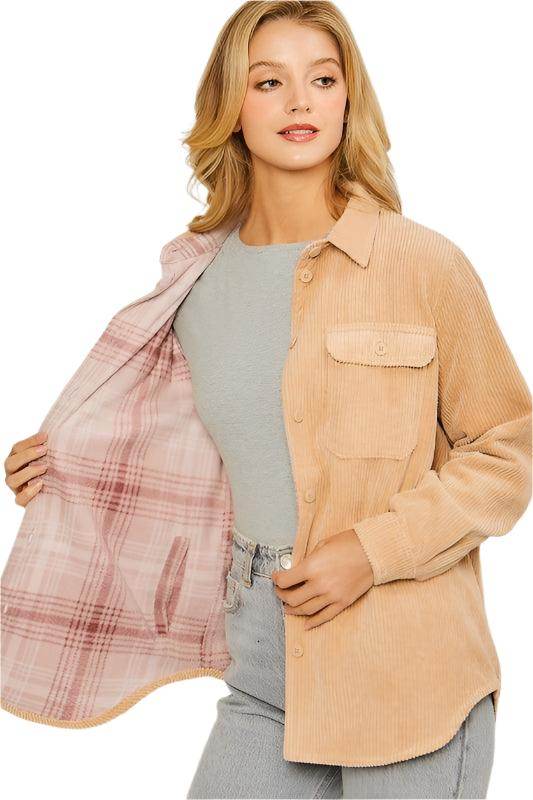 Love Tree pink corduroy jacket with plaid lining, perfect for casual stylish outfits