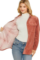 Love Tree pink corduroy jacket with a stylish plaid lining and a relaxed fit for women