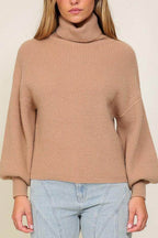 Lumiere pink cozy fall sweater with a turtleneck and puffed sleeves for a stylish look
