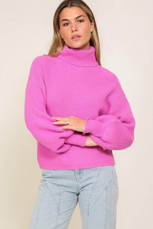 Lumiere pink cozy fall sweater with a high neck and puffed sleeves for stylish autumn wear