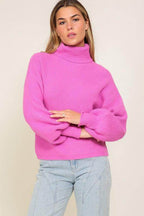 Lumiere pink cozy fall sweater with a high neck and puffed sleeves for stylish autumn wear