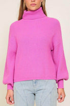 Lumiere pink cozy fall sweater with a turtleneck and balloon sleeves for a stylish autumn look