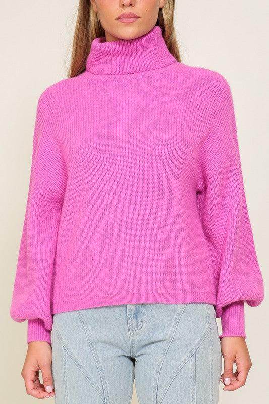 Lumiere pink cozy fall sweater with a turtleneck and balloon sleeves for a stylish autumn look
