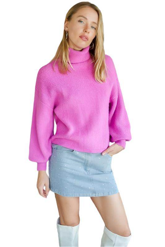 Lumiere pink cozy fall sweater with a stylish mock neck design, perfect for casual outfits