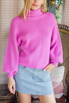 Lumiere pink cozy fall sweater featuring a turtleneck and balloon sleeves for stylish comfort