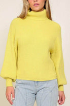 Lumiere Women's Yellow Sweater with Turtleneck and Balloon Sleeves for Cozy Fall Vibes