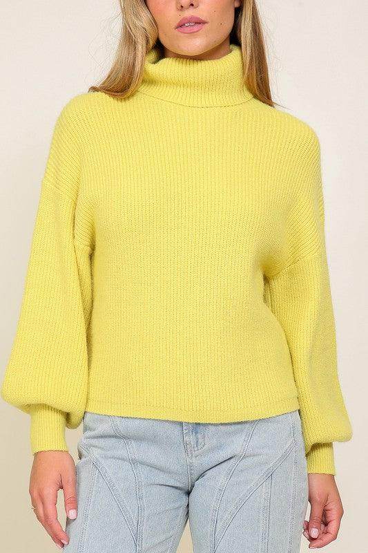 Lumiere Women's Yellow Sweater with Turtleneck and Balloon Sleeves for Cozy Fall Vibes