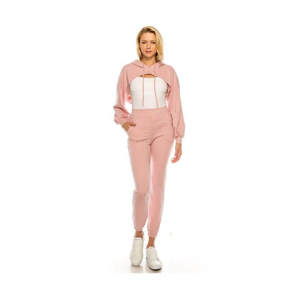Pink crop top and bottom set by Andante USA featuring a stylish hoodie and matching joggers