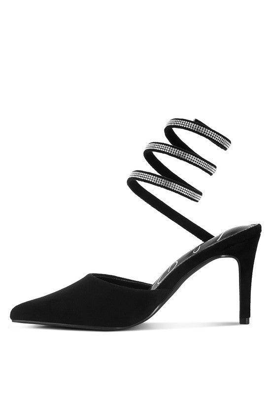 Stylish black pink embellished strap heels with a unique spiral strap design and elegant pointed toe