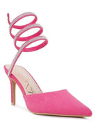 Pink embellished strap heels with a stylish spiral design for a trendy look