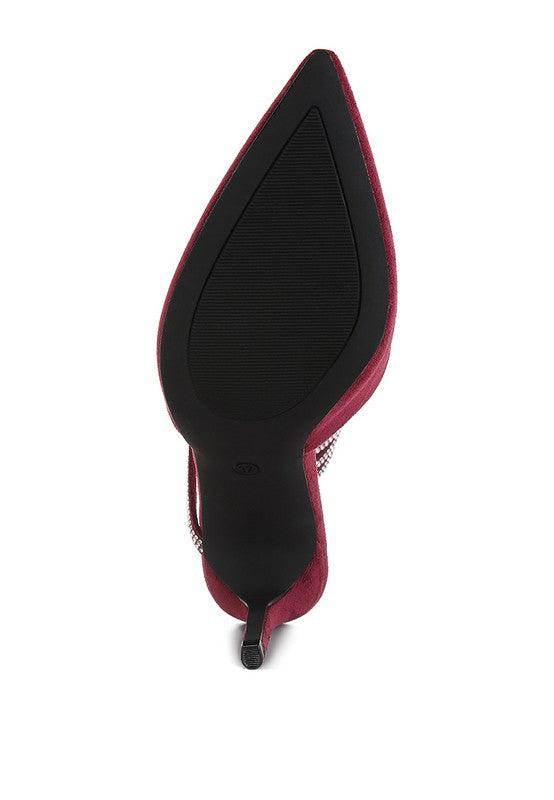 Sleek bottom view of pink embellished strap heels from Rag Company showing pointed toe design