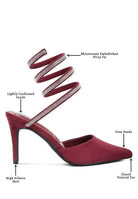 Pink embellished strap heels with high stiletto heel and closed pointed toe for elegant style