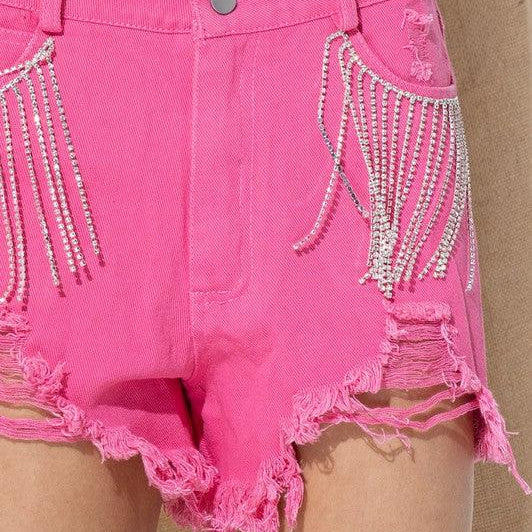 Women's Shorts Pink Frayed Rhinestone Denim Shorts