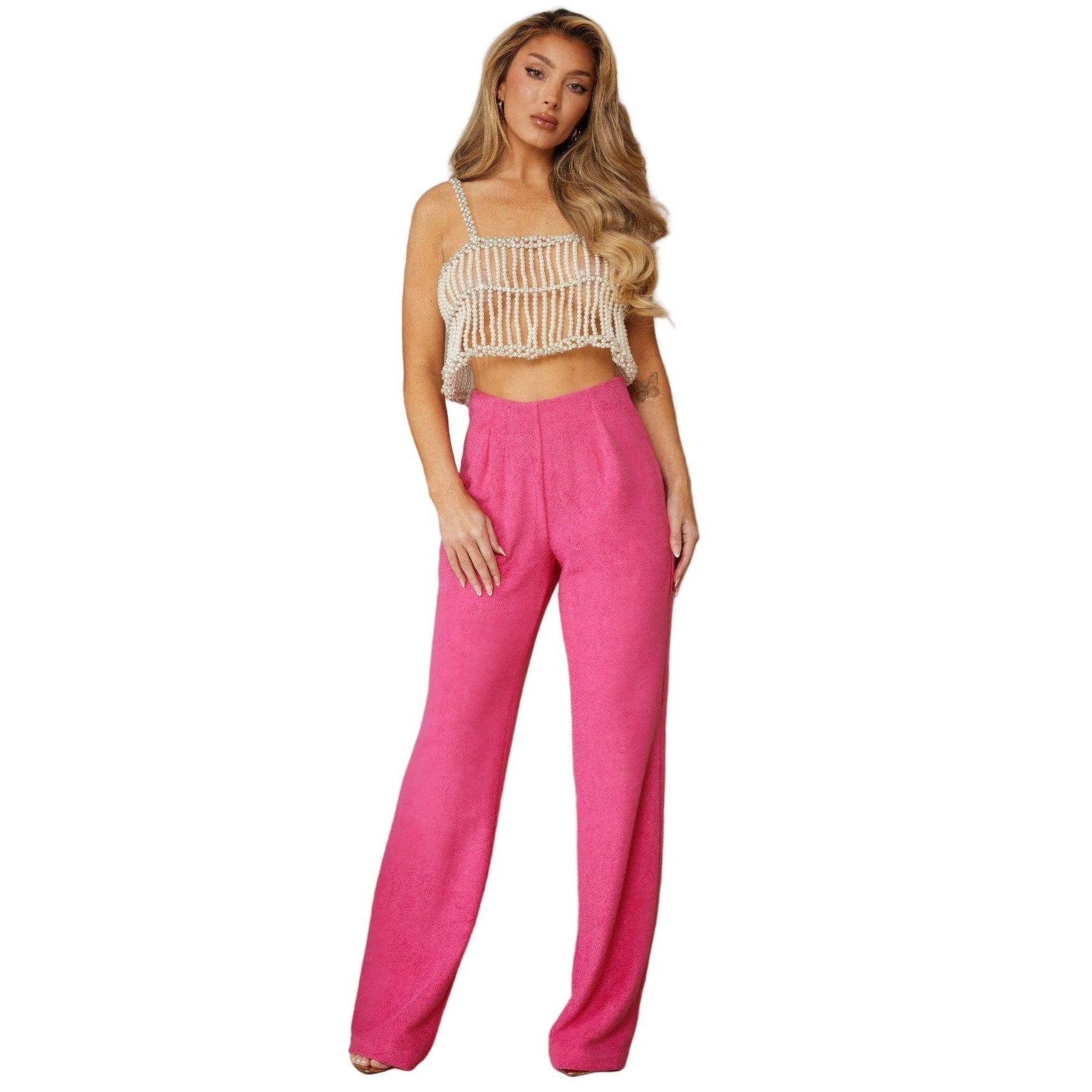 Stylish pink high rise trousers for women, perfect for casual or dressy occasions