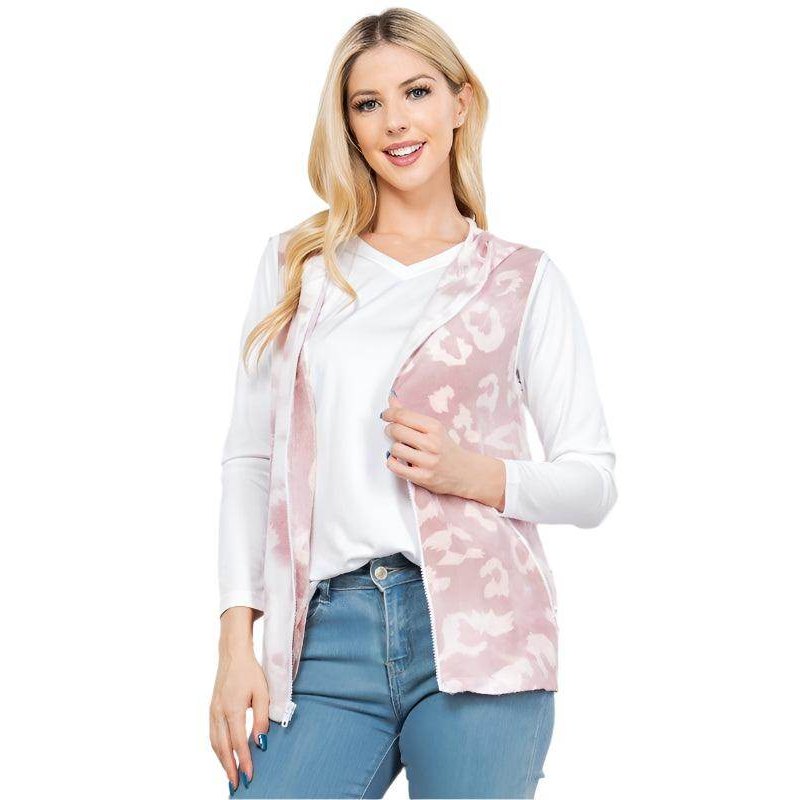 Pink Leopard Print Hoodie Vest - VacationGrabs