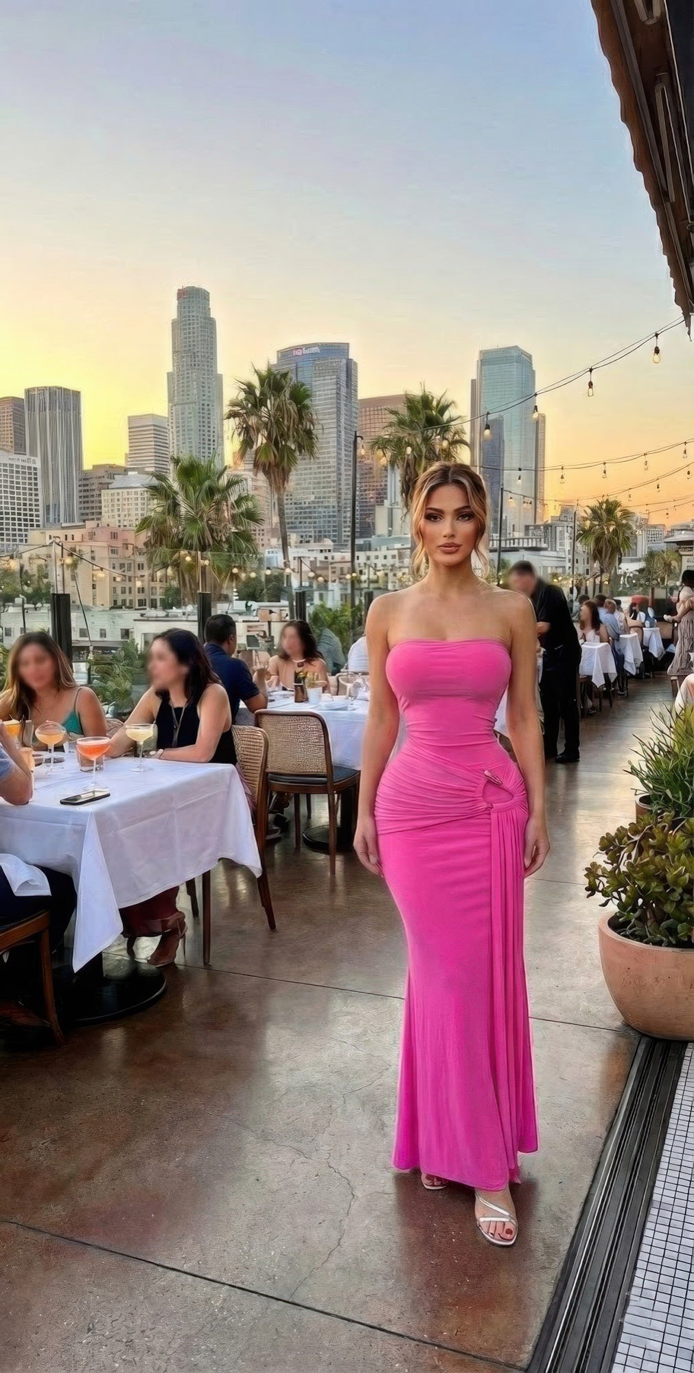 Pink strapless gown for women, perfect for summer evenings out