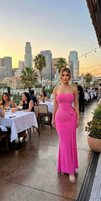 Pink strapless gown for women, perfect for summer evenings out
