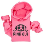 Pink Out breast cancer hoodie featuring a football design and ribbon graphics for breast cancer awareness