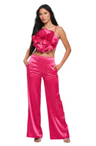 Women's pink satin crop top and wide leg pants set with floral detail from VacationGrabs