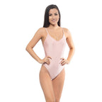Beach Joy Bikini pink scoop neck one piece swimsuit with thin straps on woman model