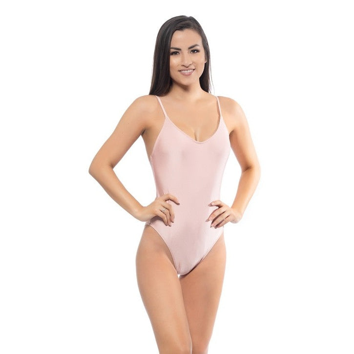 Beach Joy Bikini pink scoop neck one piece swimsuit with thin straps on woman model