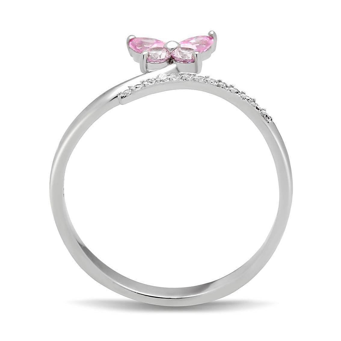 Silver pink stone dainty ring for women featuring a butterfly design and sparkling accents
