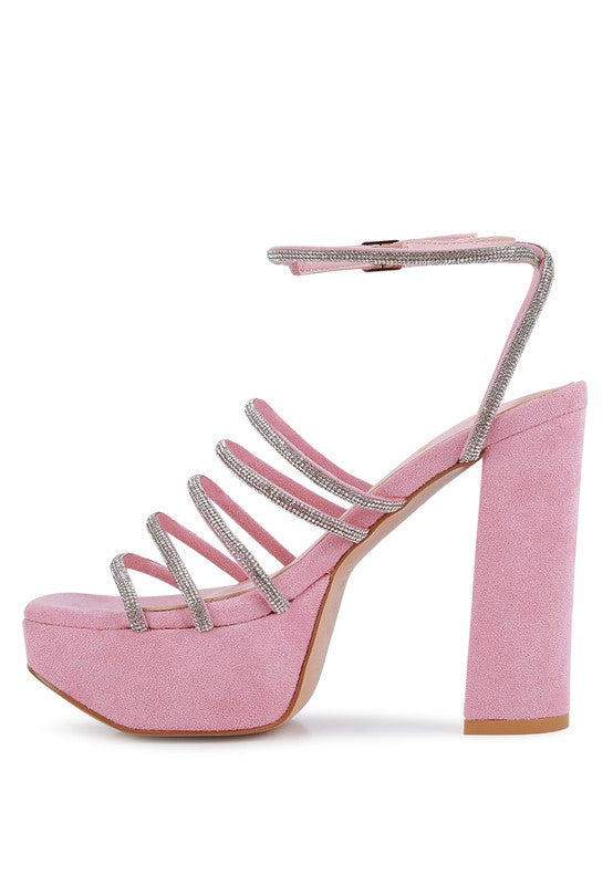 Women's pink strappy platform sandals with rhinestone accents