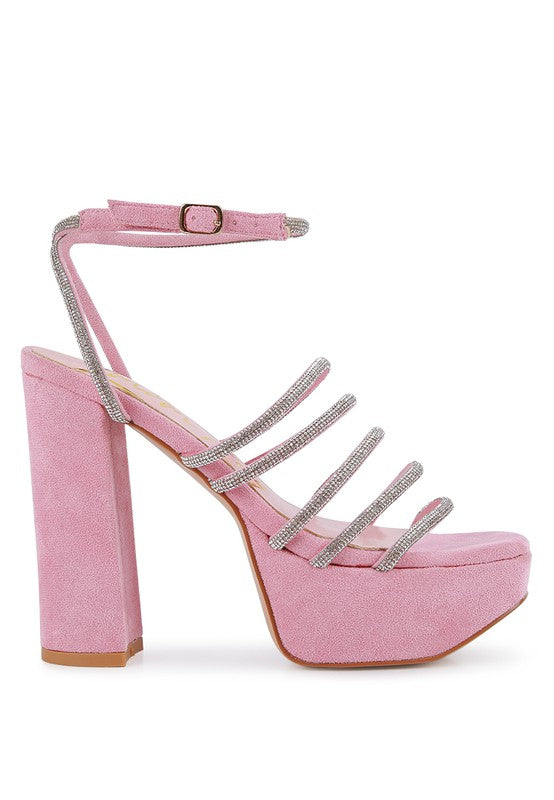 Women's pink strappy platform sandals with shimmering details
